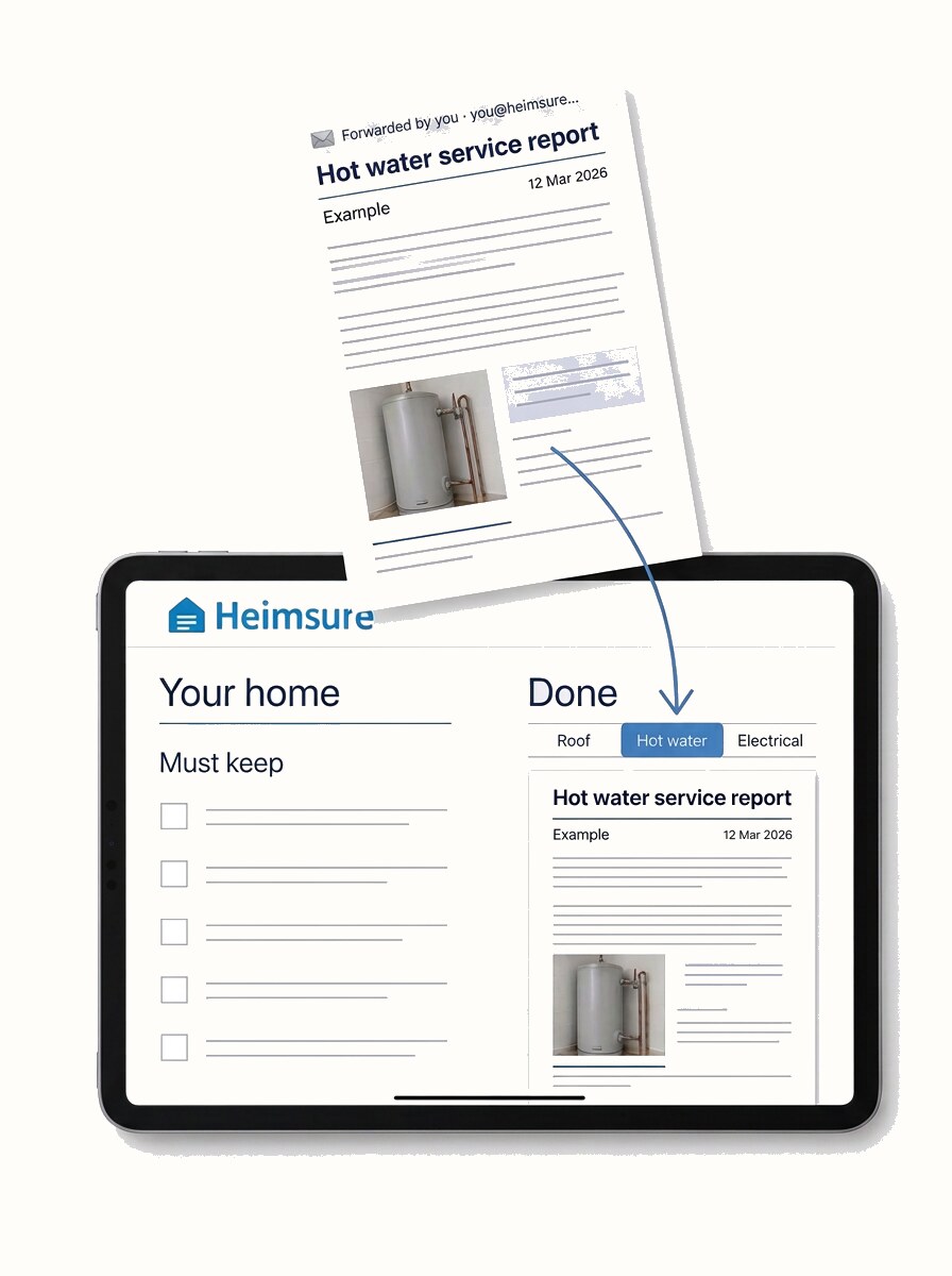 Example digital record book on the same Heimsure iPad screen: a hot water service report dated 12 Mar 2026 is filed under Hot water, beside Roof and Electrical.