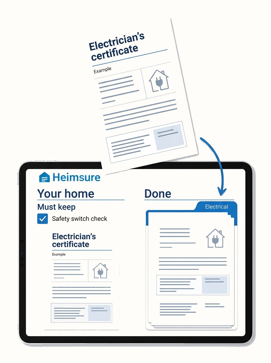 Example digital record book on an iPad with the Heimsure logo: an electrician’s certificate is linked beneath Safety switch check, with electrical papers alongside it.