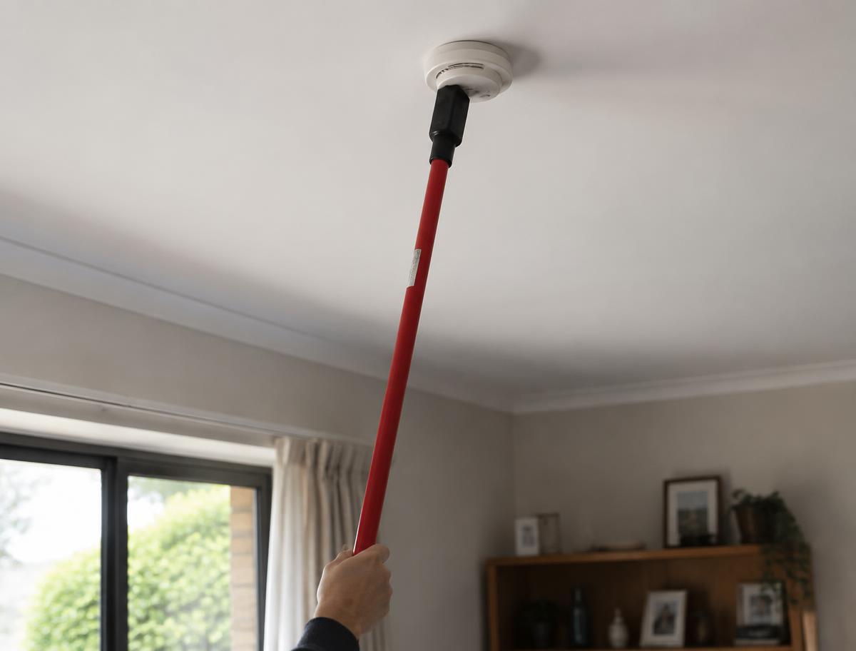 A hand testing a ceiling smoke alarm with an extension pole