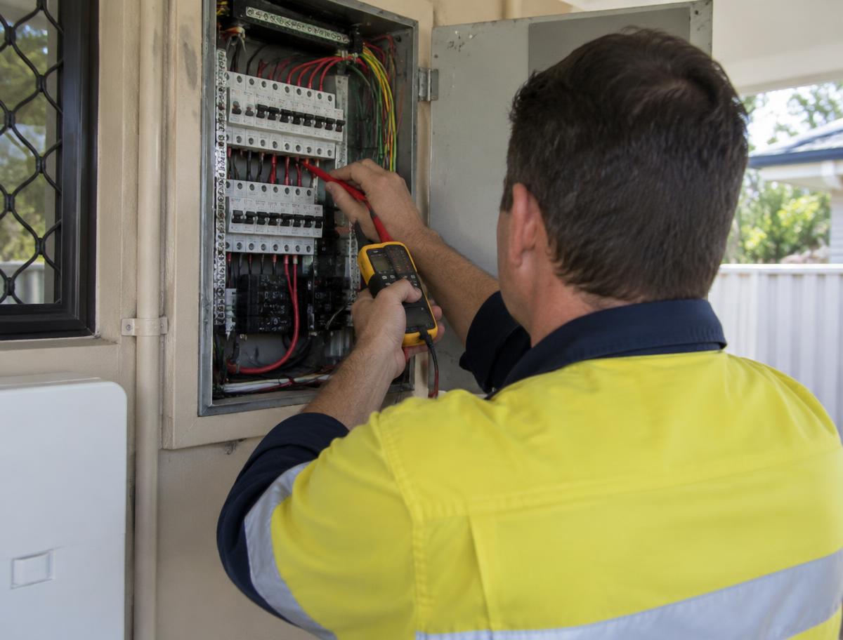 An electrician inspecting a switchboard