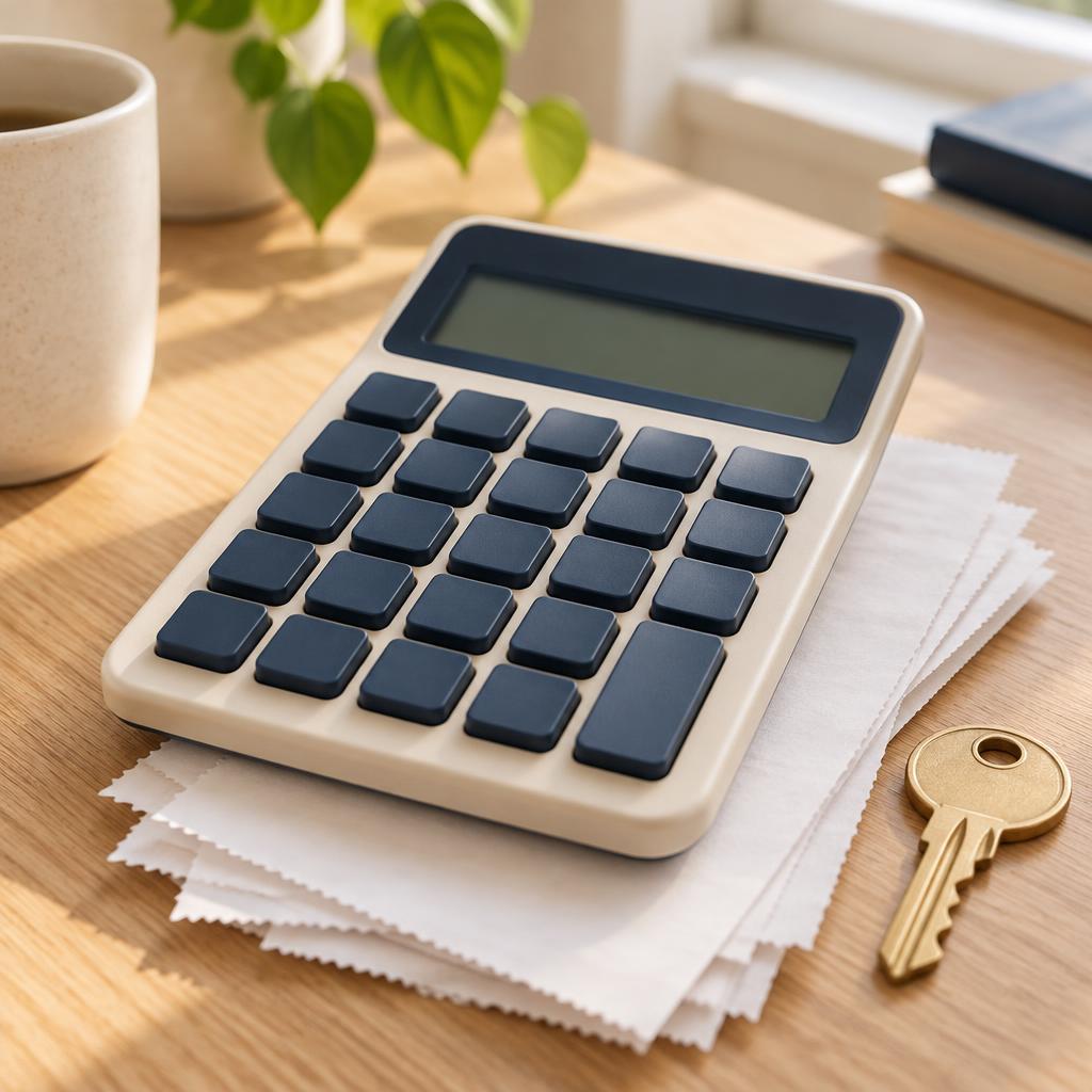 A calculator resting on a stack of receipts beside a house key