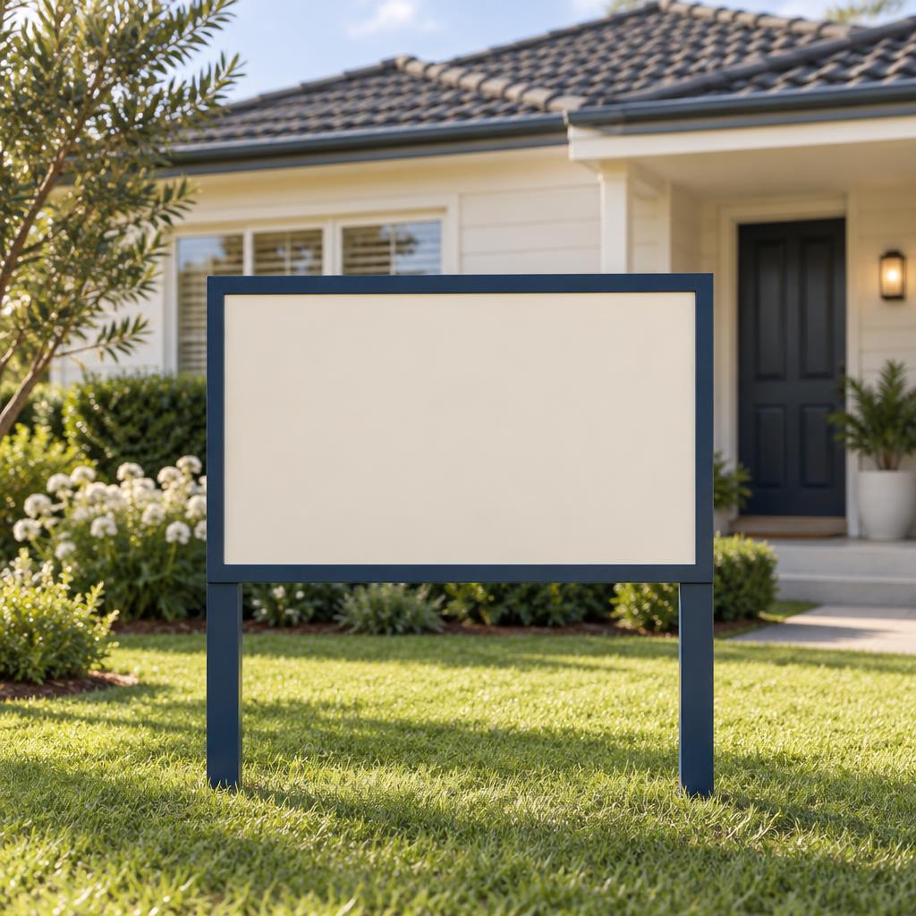 A blank real estate sign board on a home front lawn