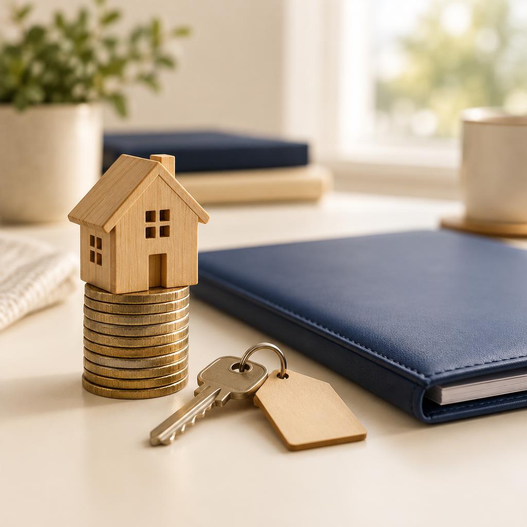 A small model house on a stack of coins beside a house key and a navy folder