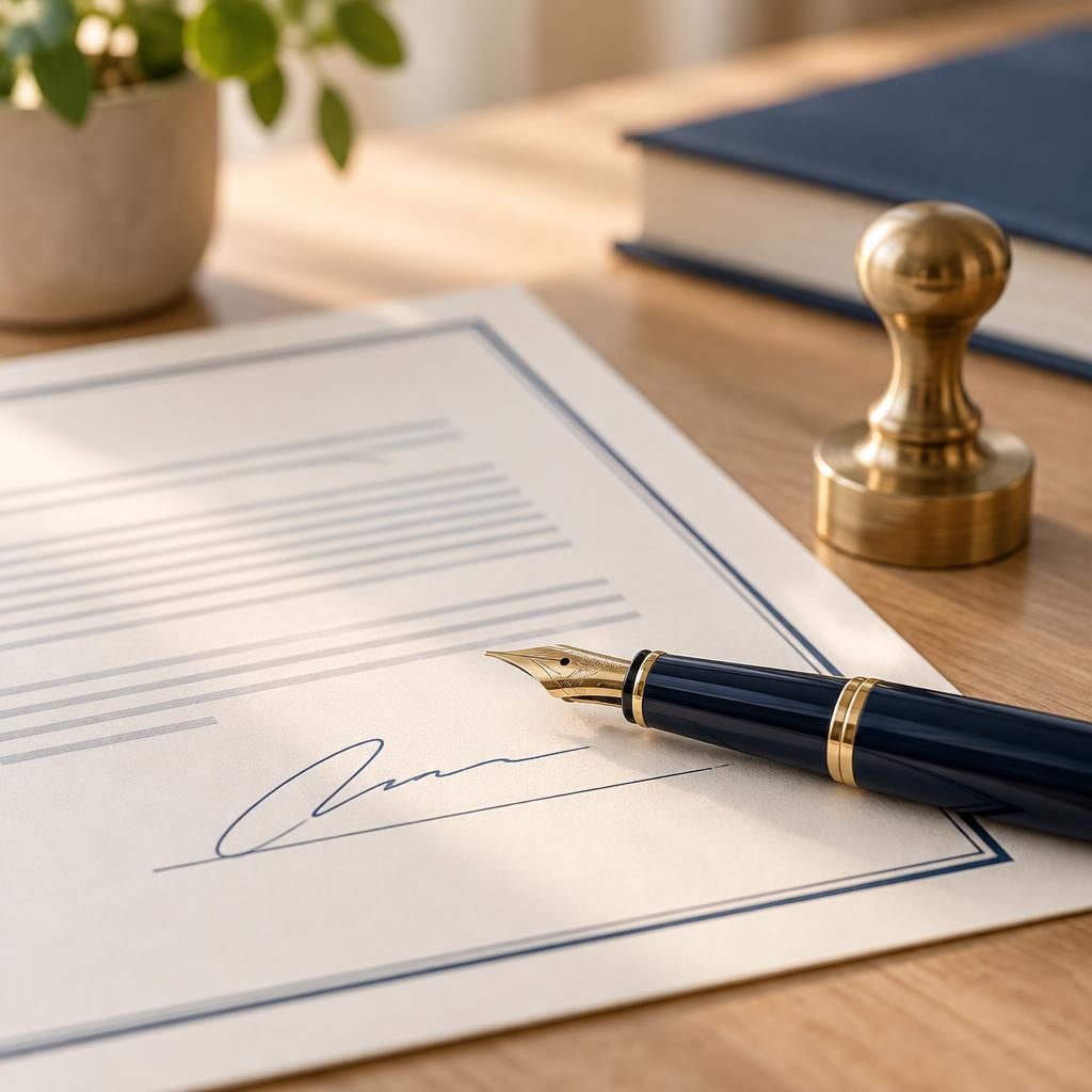 A signed property contract with a pen and a small brass stamp on a desk