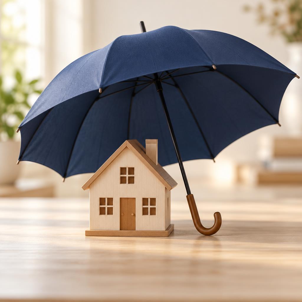 A small model house sheltering under an open umbrella