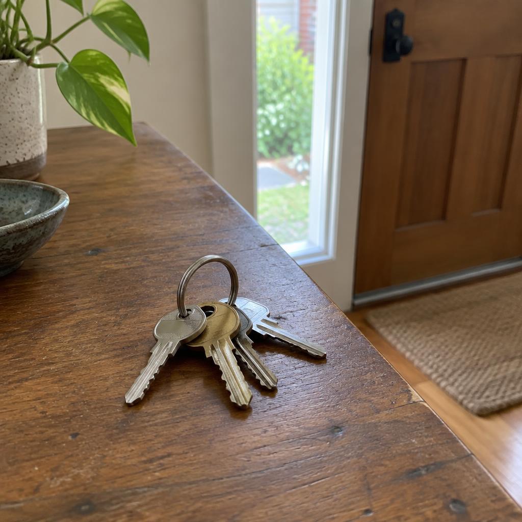 House keys resting on a wooden entry table