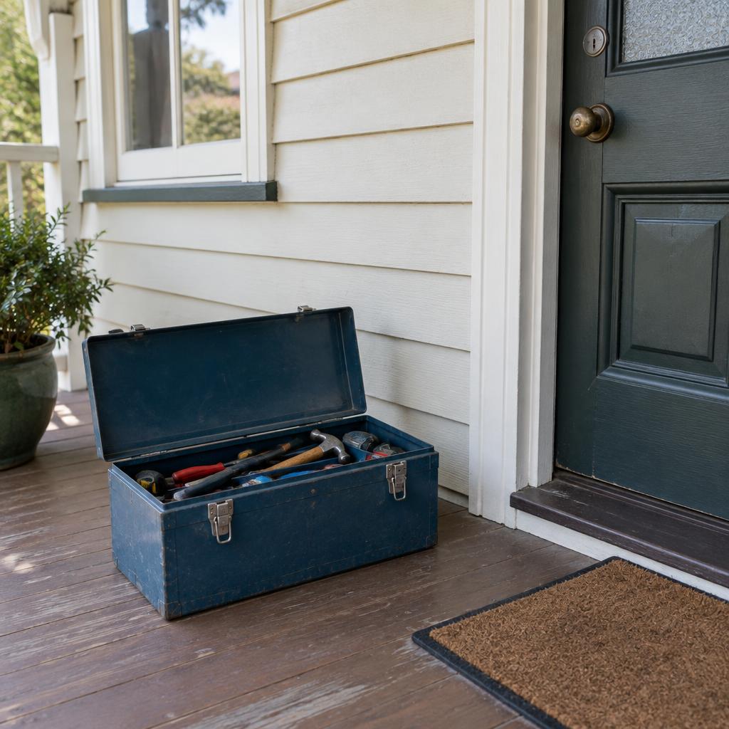An open toolbox on a home front porch